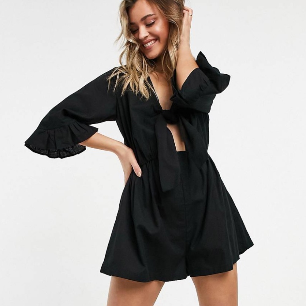 ASOS DESIGN Tall Knot Front Ruffle Sleeve Romper